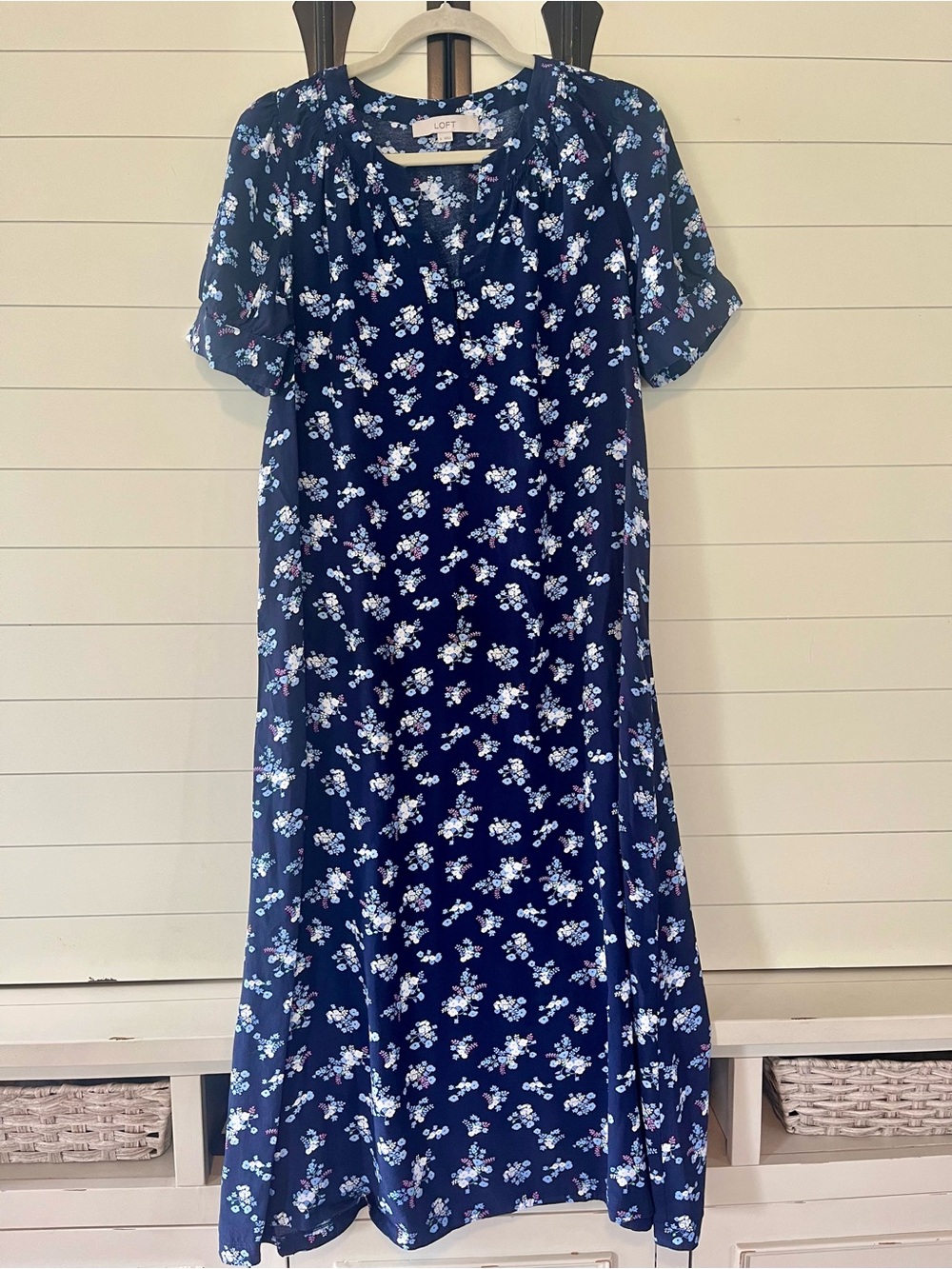 LOFT Navy Blue Floral Maxi Dress with Puff Sleeves - Small/6 Cottagecore